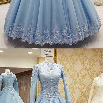Blue Lace Ball Gown Prom Dress High Neck Women..