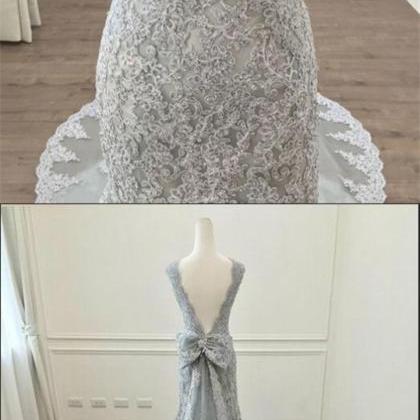 Sexy Backless Lace Formal Evening Dress Light Gray..