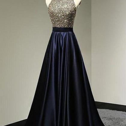Dark Blue Satin Beaded Scoop Neck Long Prom Dress..