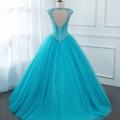 Off Shoulder Blue Tulle Beaded Ball Gown Prom..