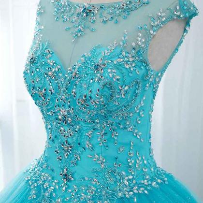 Off Shoulder Blue Tulle Beaded Ball Gown Prom..
