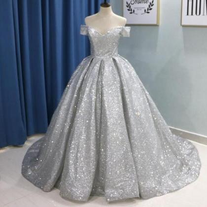 Shiny Sliver Sequin Ball Gown Prom Dresses Plus..