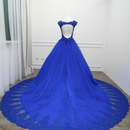 Custom Made Scoop Royal Blue Lace Ball Gown Prom..