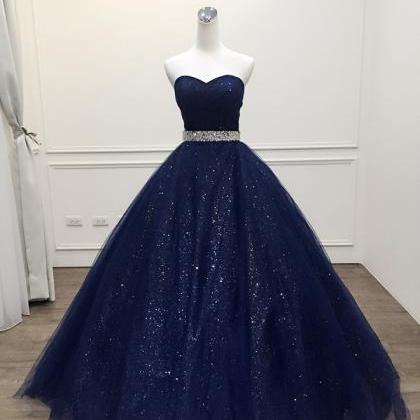 Navy Blue Sequin Long Prom Dress, Custom Made..