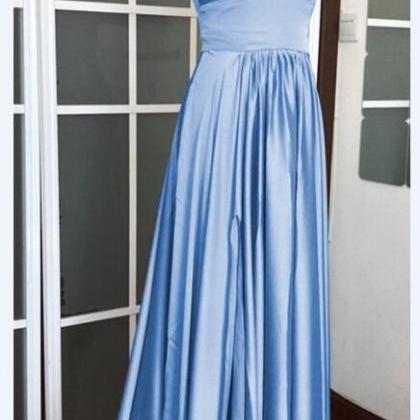 Fashion Light Blue Satin A Line Long Prom Dress,..
