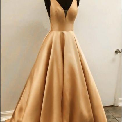 Gold Satin V-neck Long Prom Dress. A Line Prom..