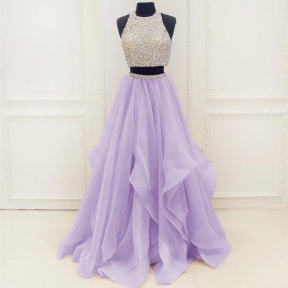Sexy Beaded Two Pieces Lavender Tulle Long Prom..