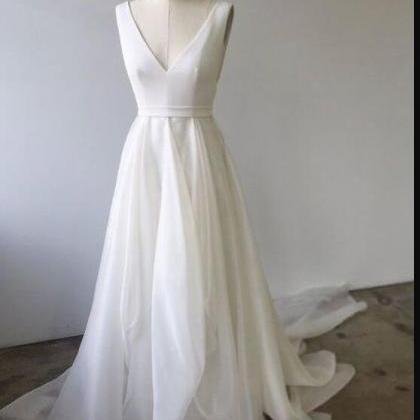 Custom Made V-neck White Long Prom Dress Plus Size..