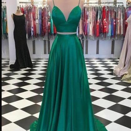 Sexy Two Pieces Green Satin Long Prom Dress,..
