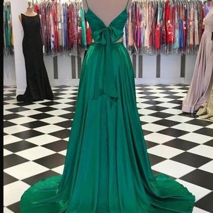 Sexy Two Pieces Green Satin Long Prom Dress,..