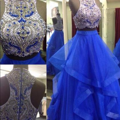 Luxury Beaded Royal Blue Tulle Two Pieces Long..
