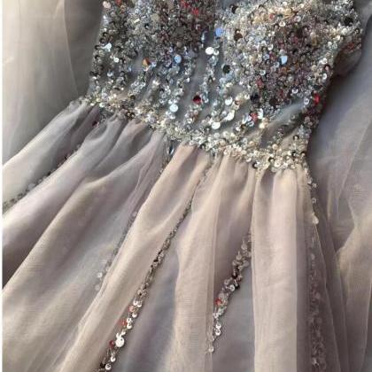 Cute Beaded Light Gray Long Prom Dress 2019 Sexy..