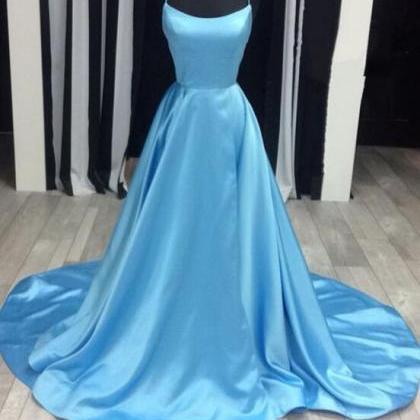 A Line Long Prom Dress Blue Satin Prom Party Gowns..