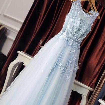 Sexy A Line Light Sky Blue Tullle Lace Prom Dress..