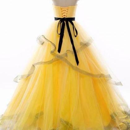 Fashion Yellow Tulle A Line Prom Dress Off..