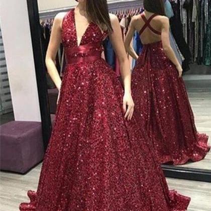 Shiny Dark Red Sequin Ball Gowns Long Prom Dresses..