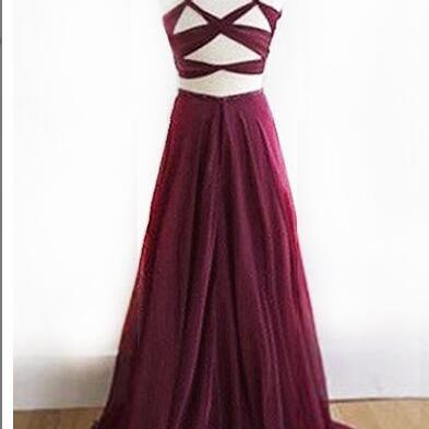 Sexy A Line Two Pieces Burgundy Chiffon Long Prom..