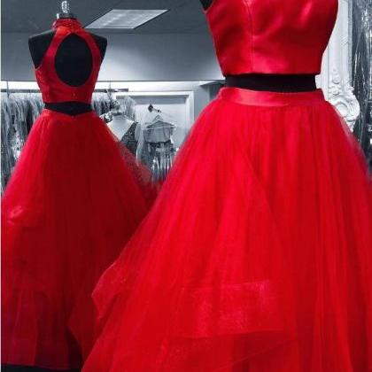 Two Pieces Red Tulle Long Prom Dress Strapless..