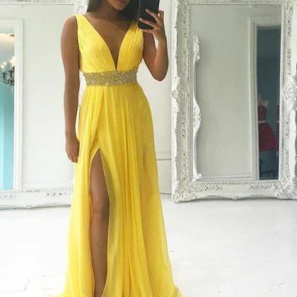 Sexy V-neck Long Prom Dress Yellow Chiffon Beaded..