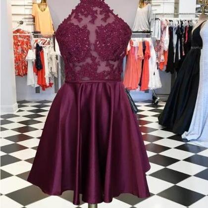 Burgundy Lace Short Homecoming Dress A Line Halter..