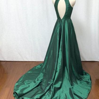 Emerald Green Taffeta A Line Long Prom Dress Sexy..
