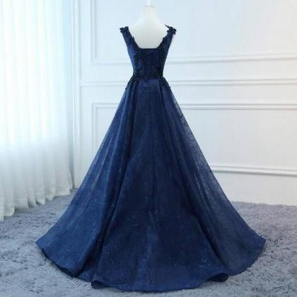 Navy Blue V-neck Lace Appliqued Long Prom Dress..