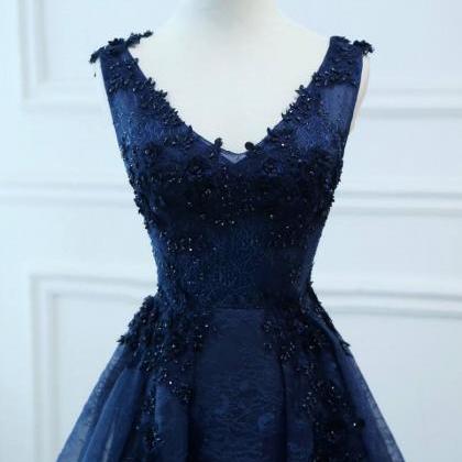 Navy Blue V-neck Lace Appliqued Long Prom Dress..