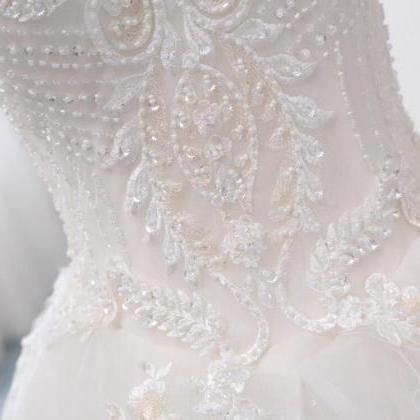 Charming A Line White Lace Beaded Chins Wedding..