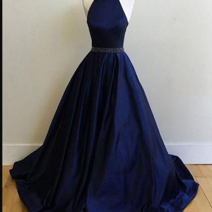 Plus Size Navy Blue Satin A Line Long Prom Dress..