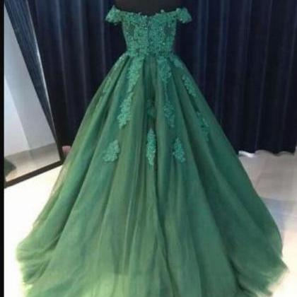 Off Shoulder Green Lace Formal Prom Dresses Custom..
