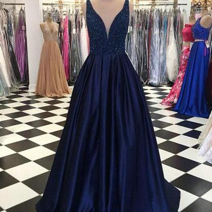 Charming A Line Navy Blue Beaded Long Evening..
