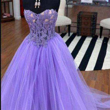 Off Shoulder Purple Lace A Line Long Prom Dresses..