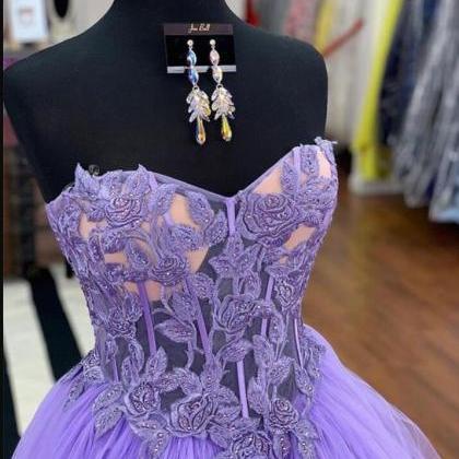 Off Shoulder Purple Lace A Line Long Prom Dresses..