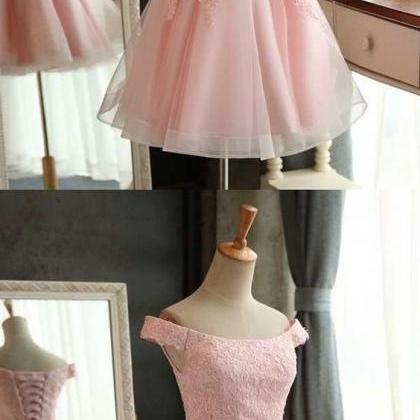 Pink Tulle Lace Short Homecoming Dress Crew-neck..