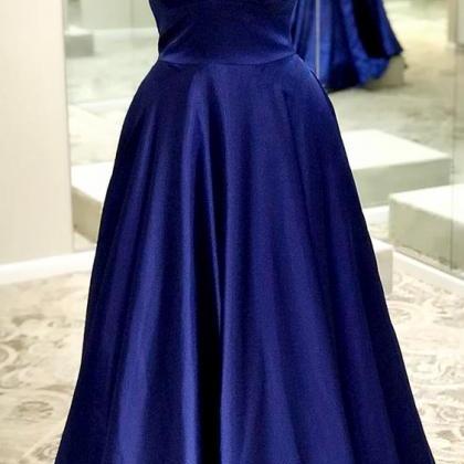 Royal Blue Satin Spaghetti Strap Long Prom Dress..