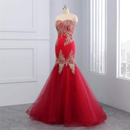 Elegant Red Tulle Long Prom Dresses Mermaid With..