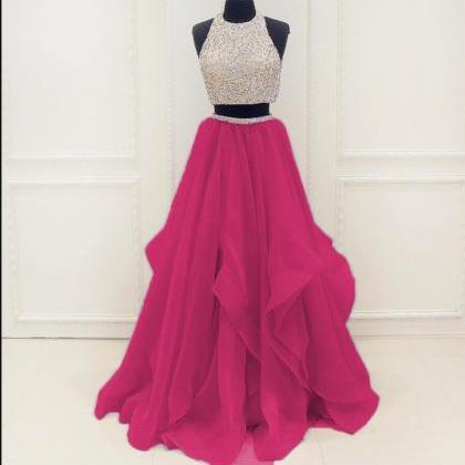 Luxury Beaded Crystal Two Pieces A Line Long Prom..
