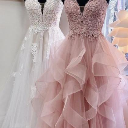 Elegant A Line White Tulle Lace Prom Dresses Floor..