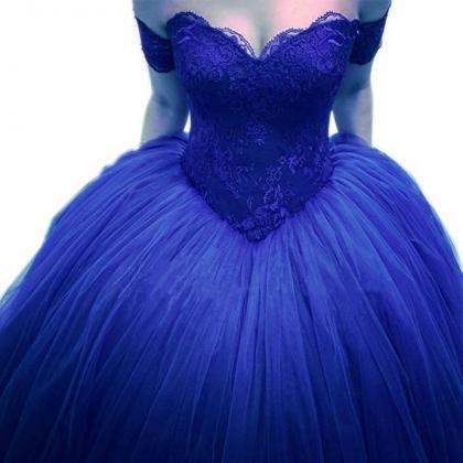 Off Shoulder Royal Blue Lace Ball Gown Quinceanera..