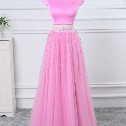 Charming A Line Pink Beaded Tulle Long Prom..