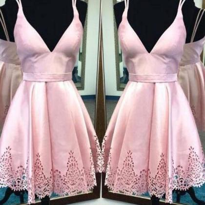 Pink Satin Short Homecoming Dress A Line Mini..