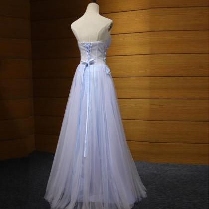 A Line Light Blue Long Prom Dress With Lace Floral..