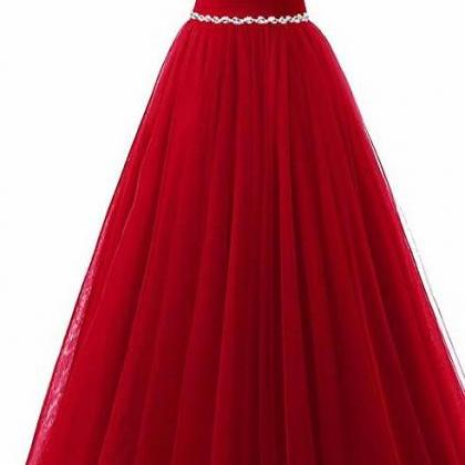 Off Shoulder Red Tulle Long Prom Dress Beaded..