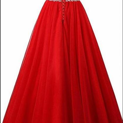 Off Shoulder Red Tulle Long Prom Dress Beaded..