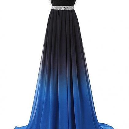 Sexy One Shoulder Beaded Gradient Long Prom Dress..
