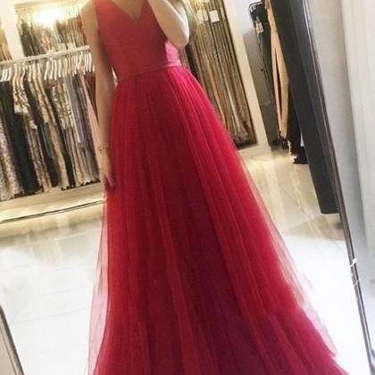 Sexy A Line V-neck Long Prom Dress Red Tulle Prom..