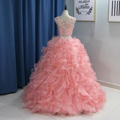 Luxury Beaded Coral Two Pieces Organza Long Prom..