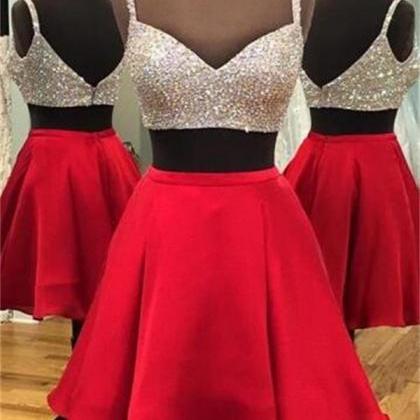 Charming Beaded Two Pieces Red Satin Short..