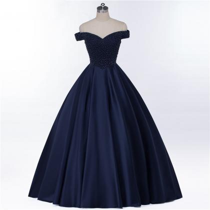 Navy Blue Beaded Satin A Line Long Prom Dresses..