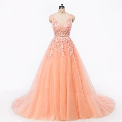 Fashion Sexy Backless Orange Lace Beaded Long Prom..